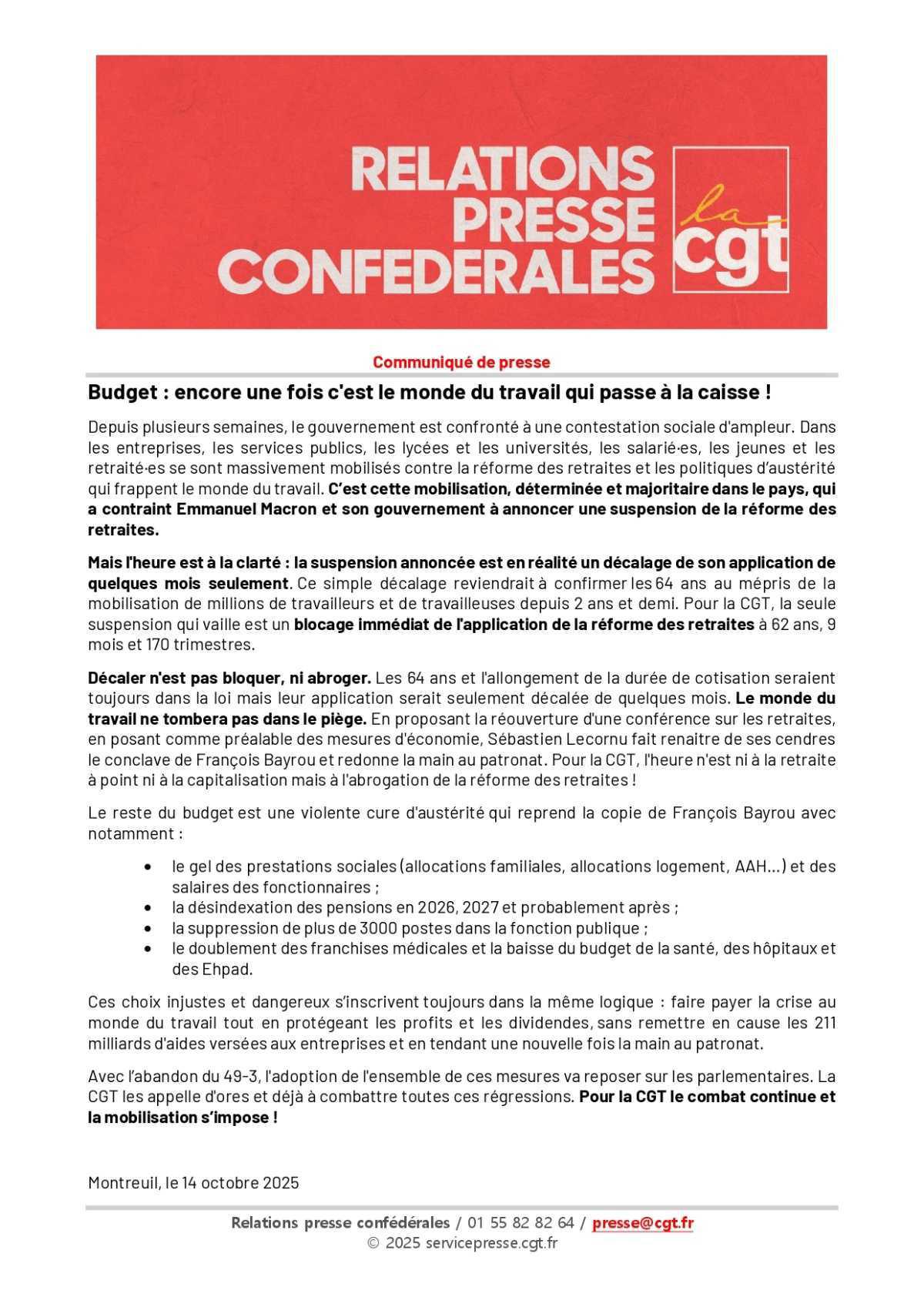 Budget : encore une fois c'est le monde du travail qui passe à la caisse!