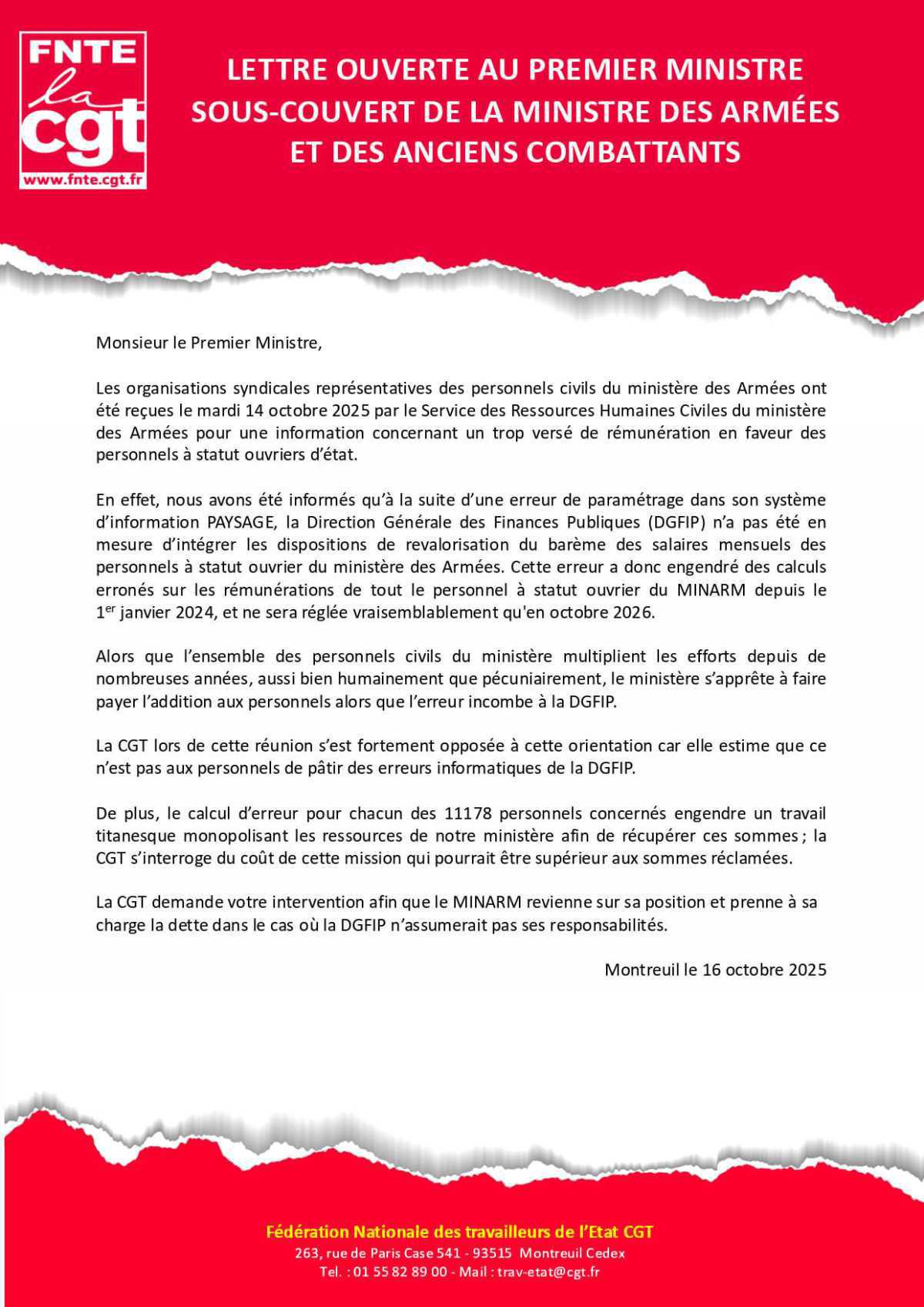 Lettre ouverte au premier ministre sous-couvert de la ministre des armées