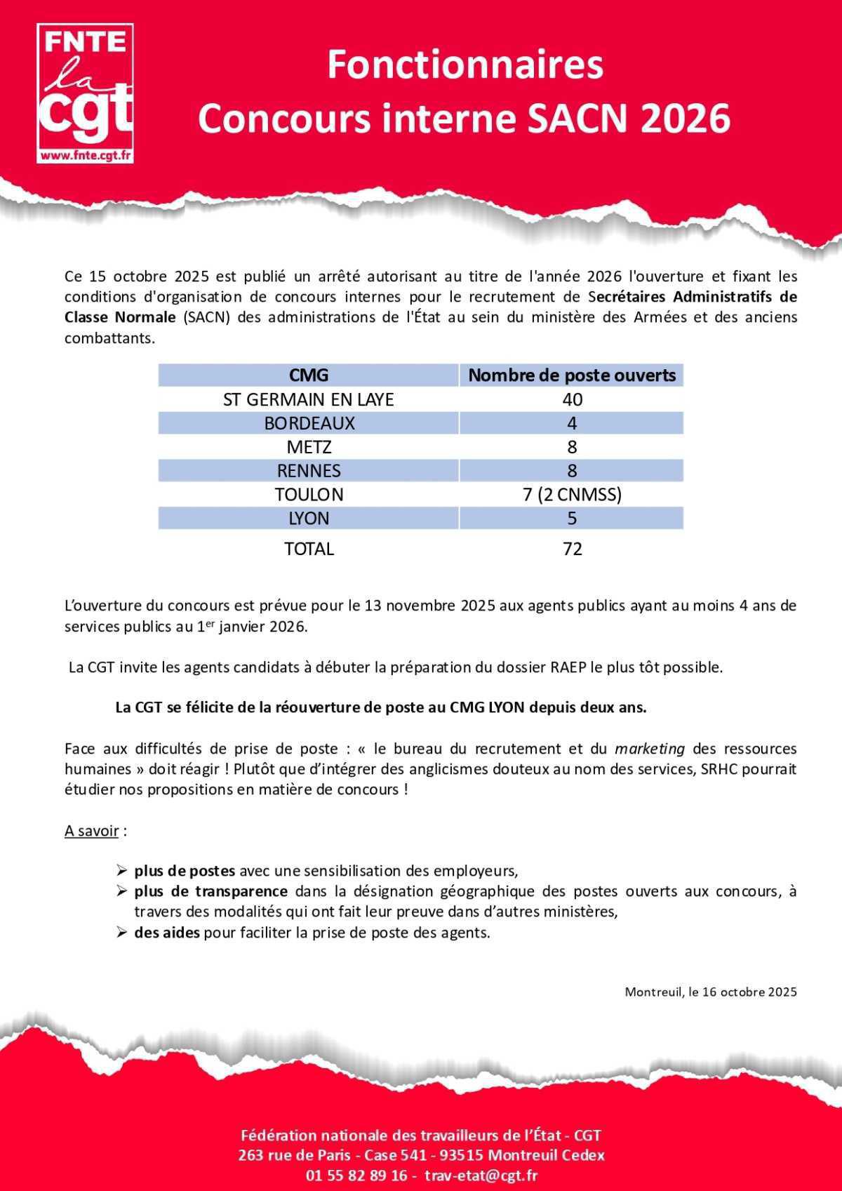 Fonctionnaires : Concours interne SACN