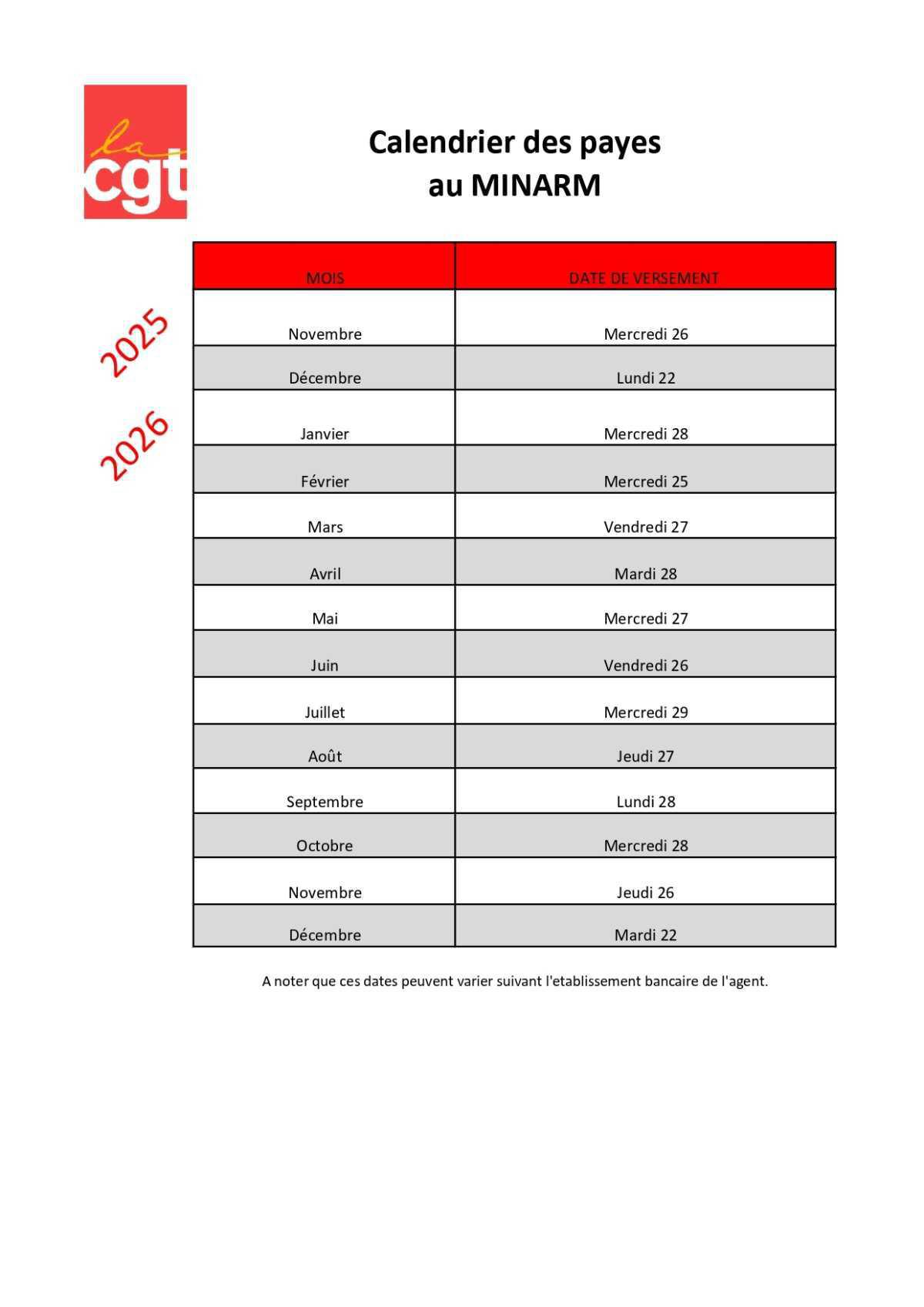 Calendrier des payes 2026
