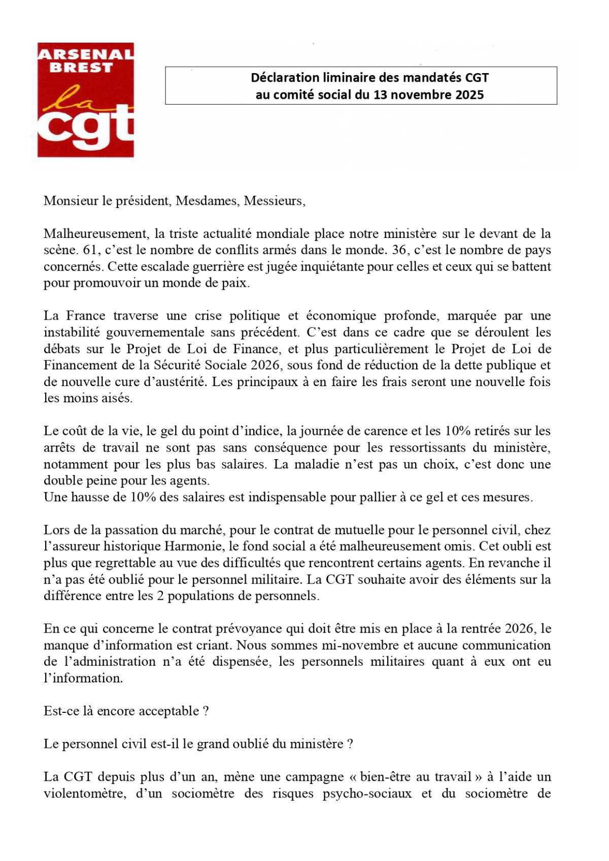 Déclaration liminaire des mandatés au Comité Social 