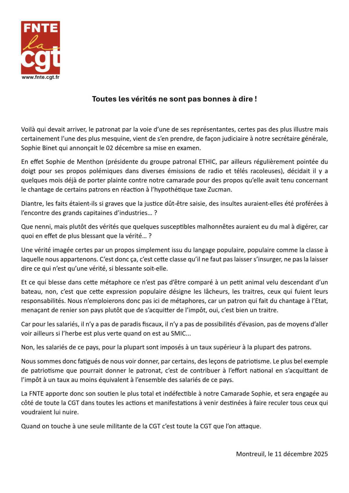 Soutien de notre Fédération à Sophie BINET