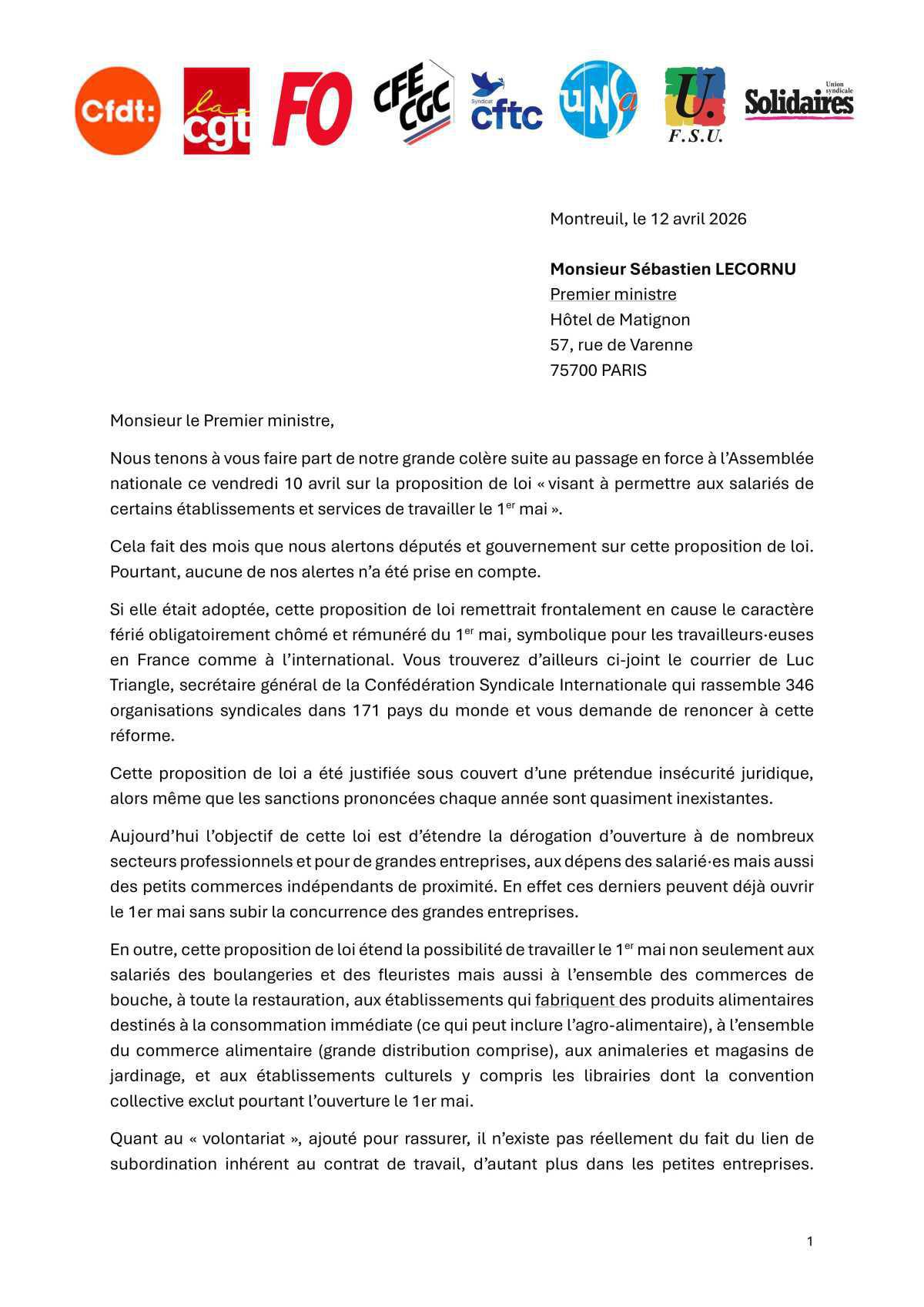 Pas touche au 1er Mai : Courrier intersyndical au 1er Ministre