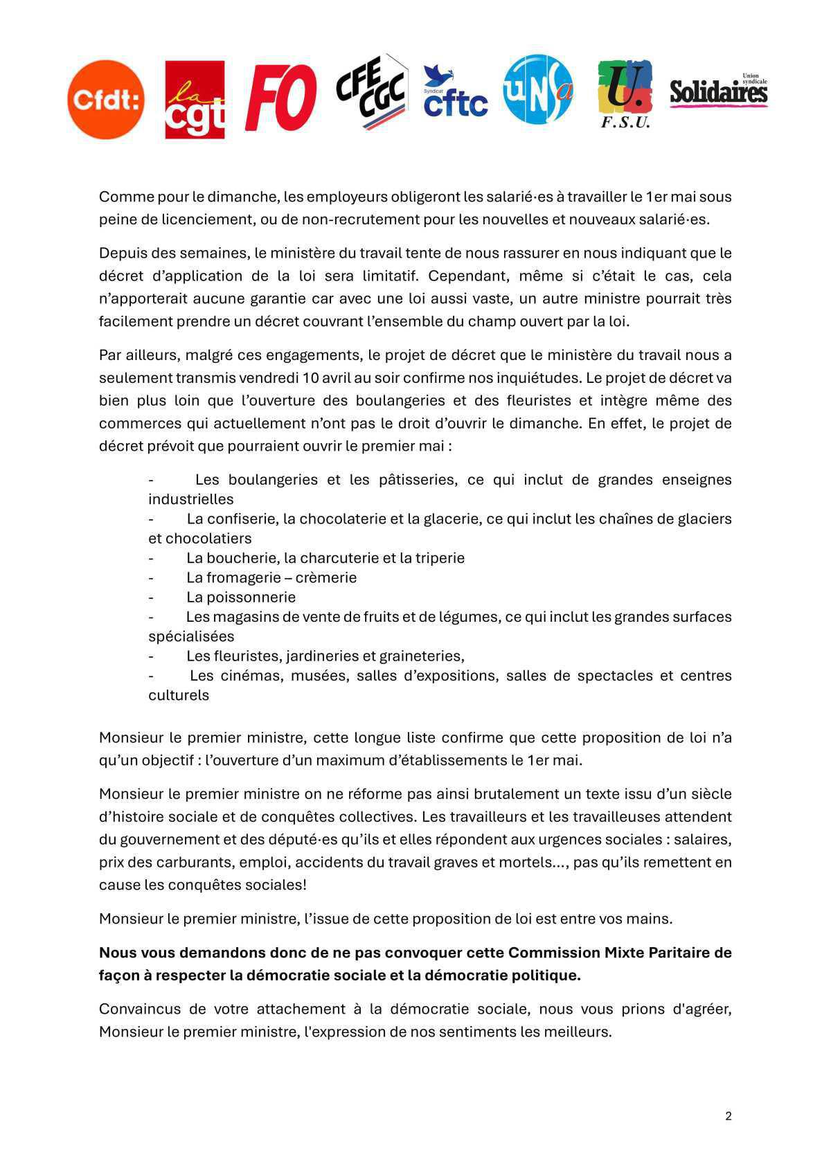 Pas touche au 1er Mai : Courrier intersyndical au 1er Ministre