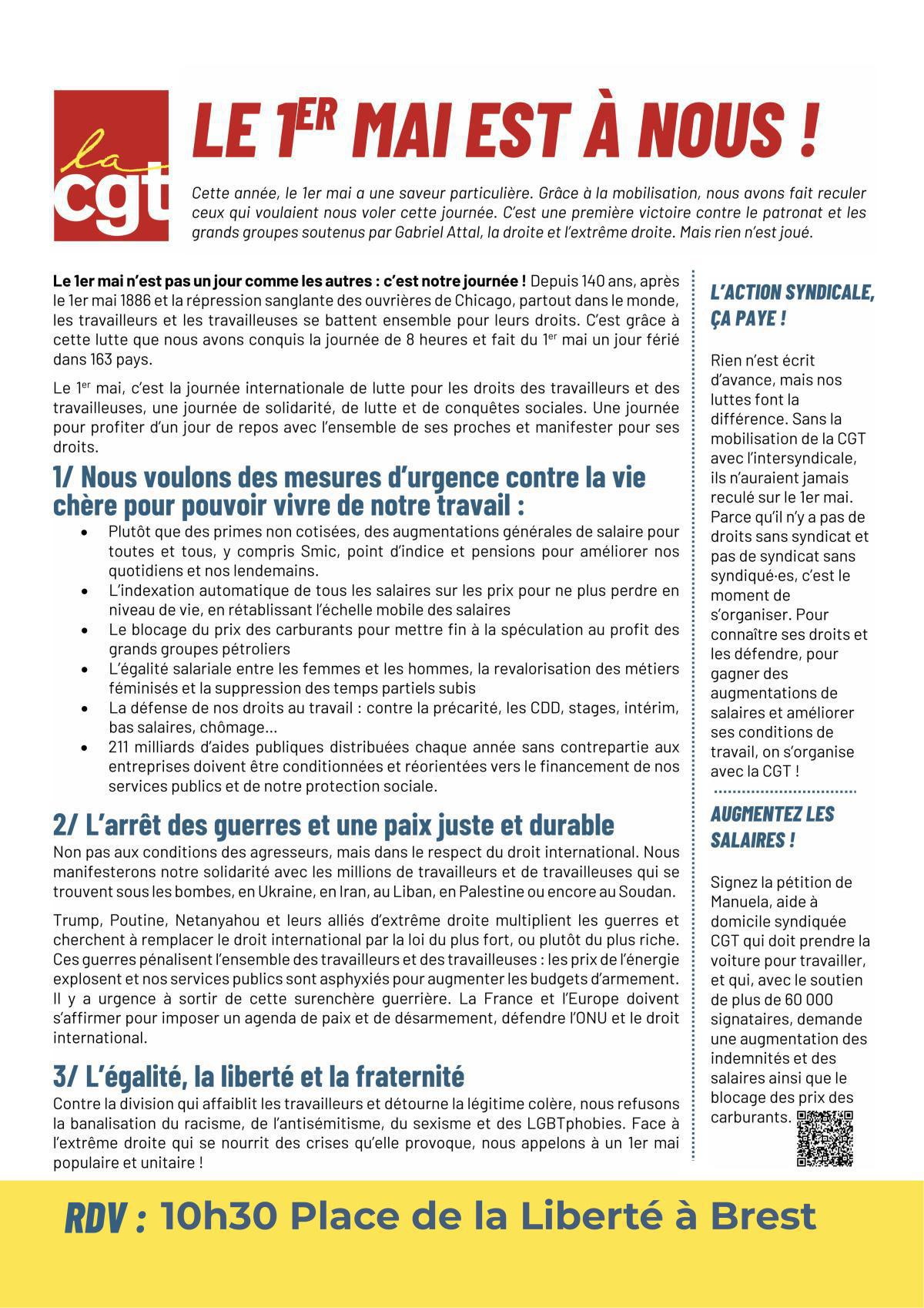 1er mai à Brest : Rassemblement à 10h30 Place de la Liberté