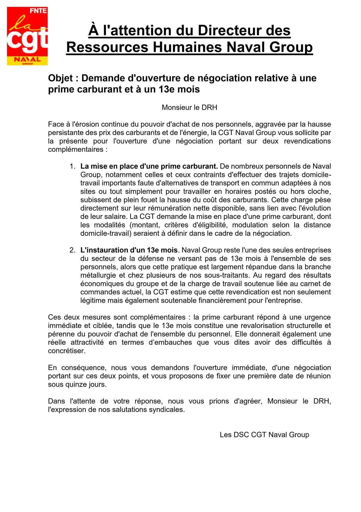 Demande d'ouverture de négo prime carburant et 13ème mois