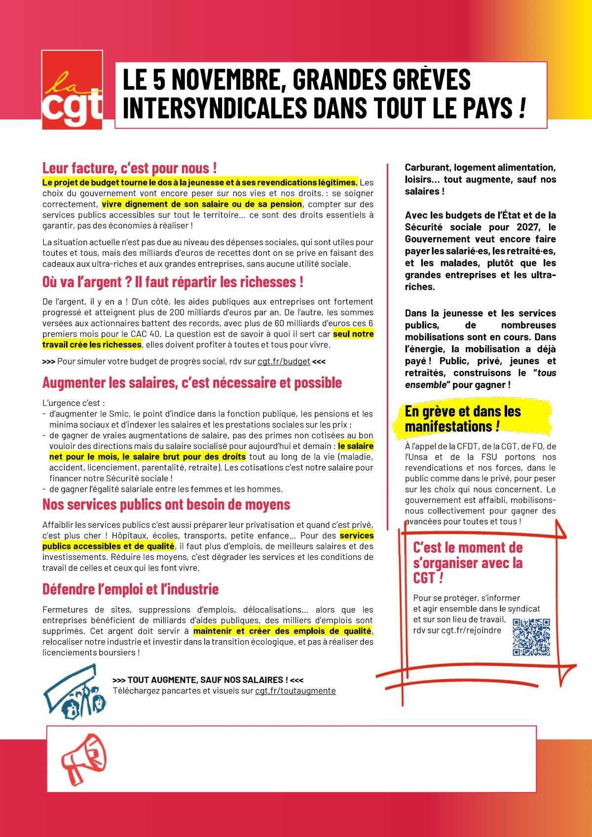 Le 5 novembre, grandes grèves intersyndicales dans tous le pays!