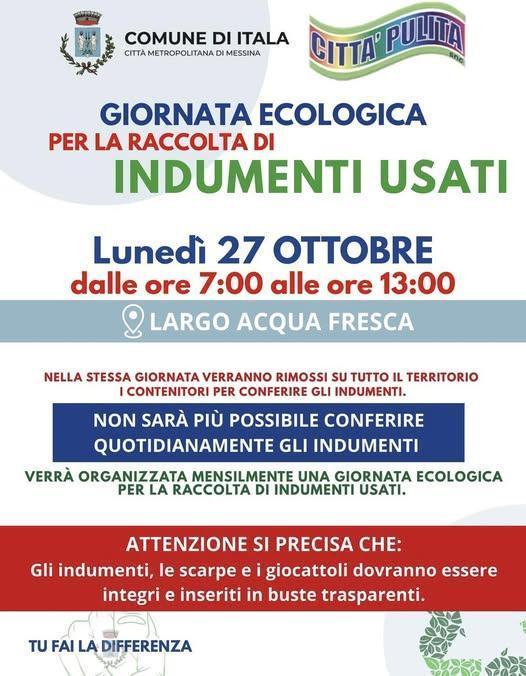 Giornata Ecologica per la Raccolta di Indumenti Usati (dalle ore 7:00 alle ore 13:00)