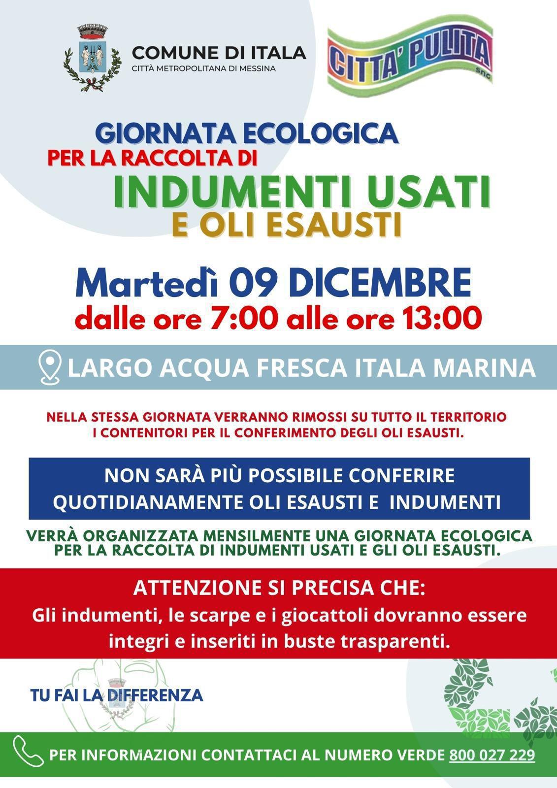 Giornata Ecologica per la Raccolta di Indumenti Usati e Oli Esausti (dalle ore 7:00 alle ore 13:00)