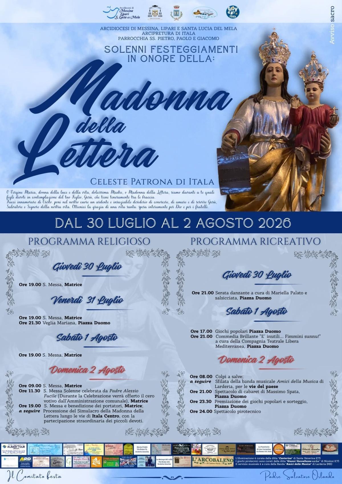 Solenni Festeggiamenti in onore della Madonna della Lettera