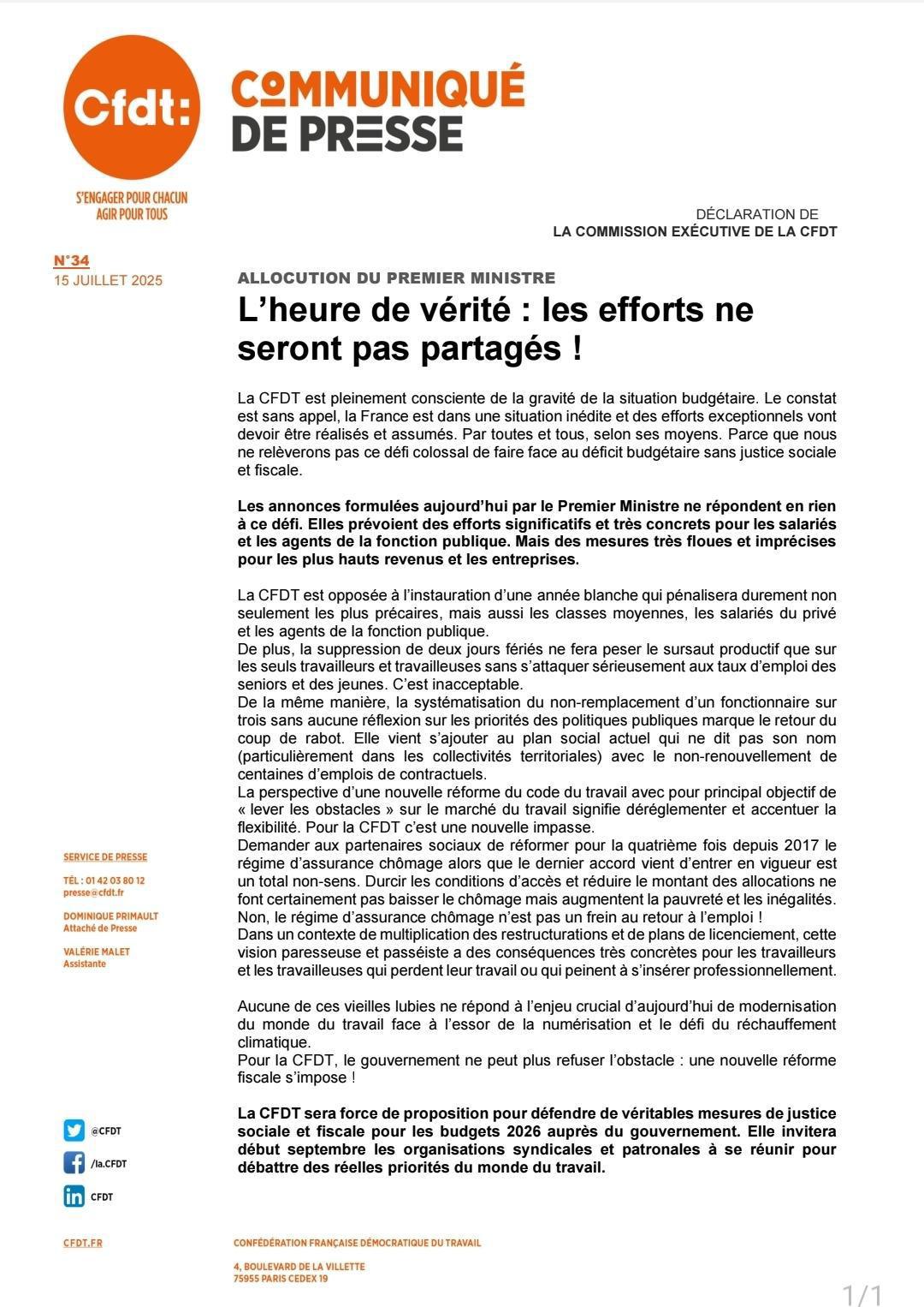 Communiqué de presse CFDT suite au discours du premier 
