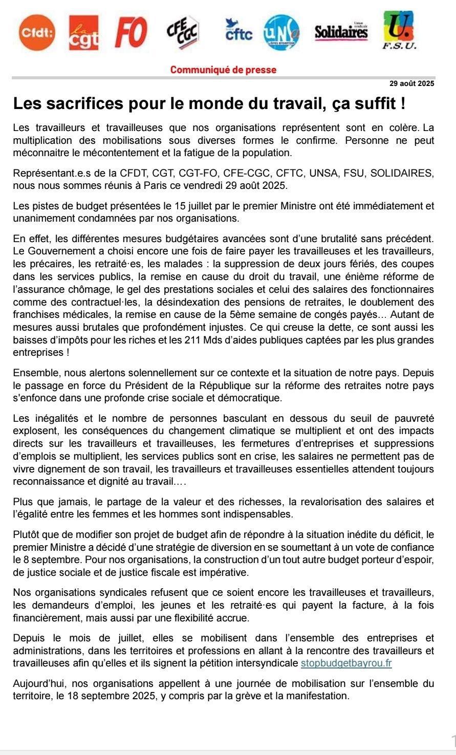 Journée nationale de mobilisation le 18 septembre 2025