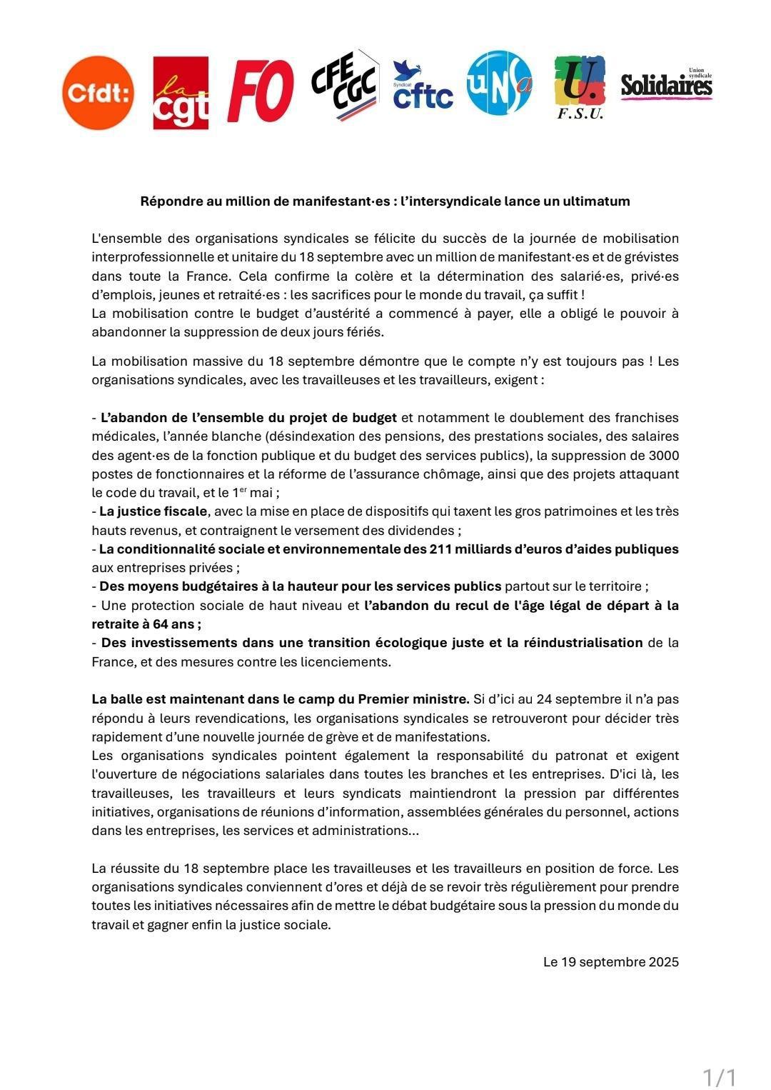 Communiqué de presse intersyndicale du 19 septembre 2025