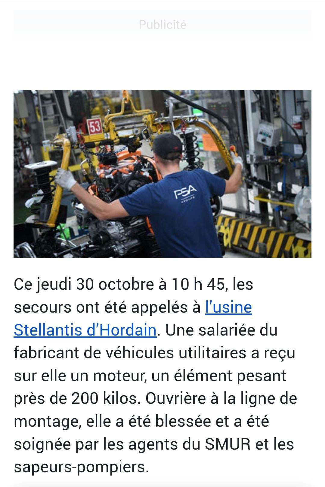 Accident à Hordain sur la ligne de montage.