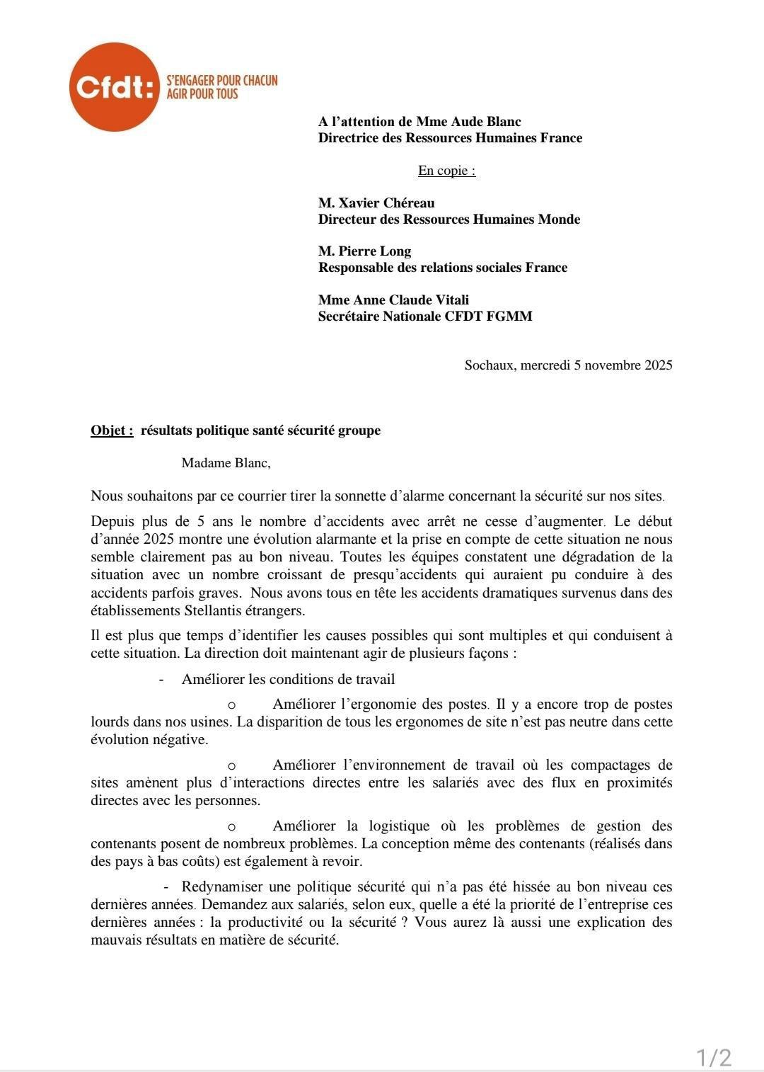 Courrier CFDT sur la sécurité dans les sites Français