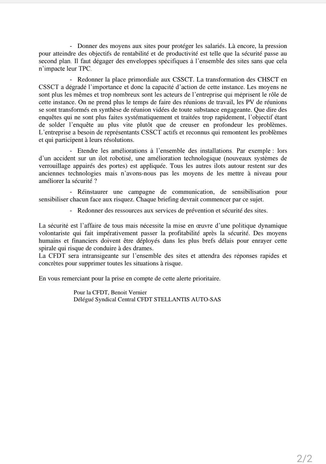 Courrier CFDT sur la sécurité dans les sites Français