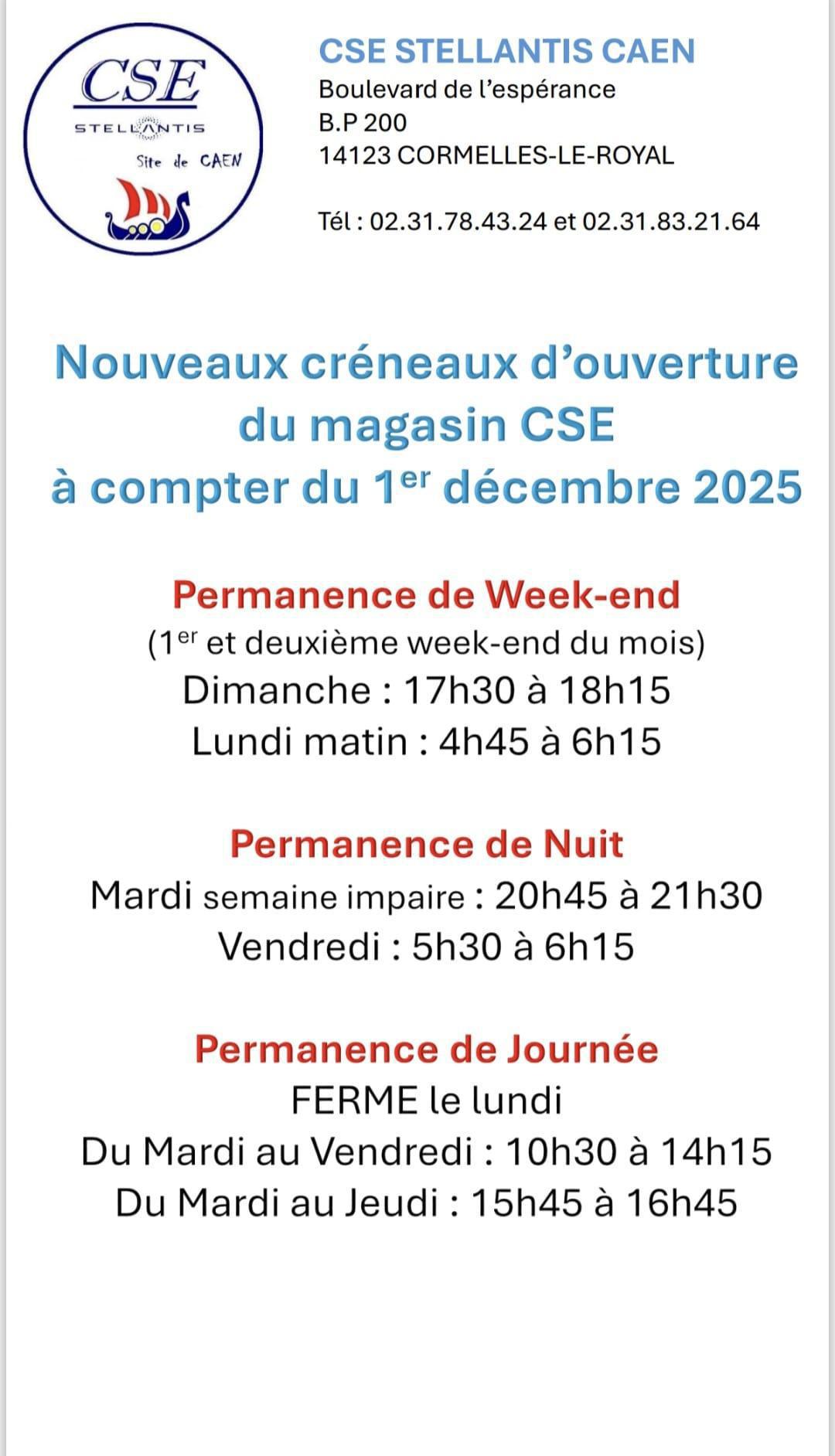 Nouveaux horaires du magasin CSE 