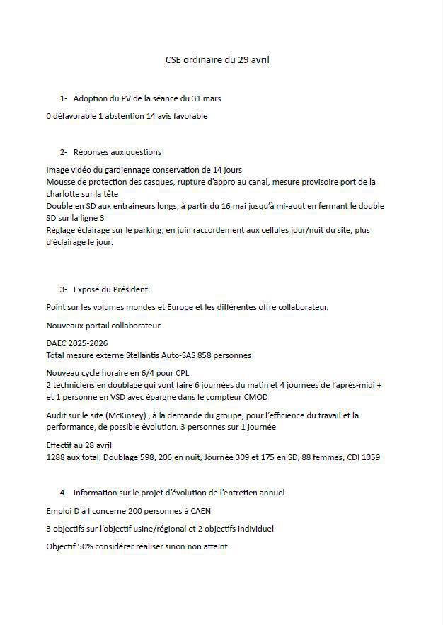 compte rendu CSE Ordinaire du 29 avril