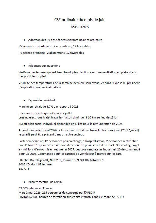 Compte rendu du CSE ordinaire du mois de juin