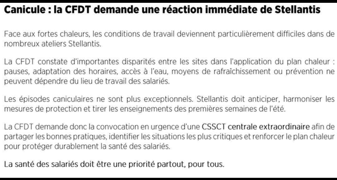 Comission Santé Sécurité Conditions de Travail centrale concernant le plan chaleur. Demandée par la CFDT. 