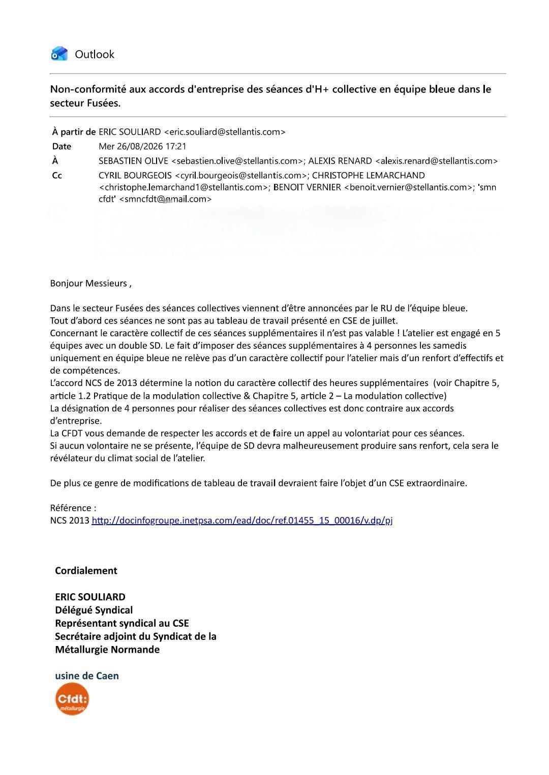 La CFDT STELLANTIS Caen dénonce le non respect des accords dans la mise en place de H+ collective aux fusées 