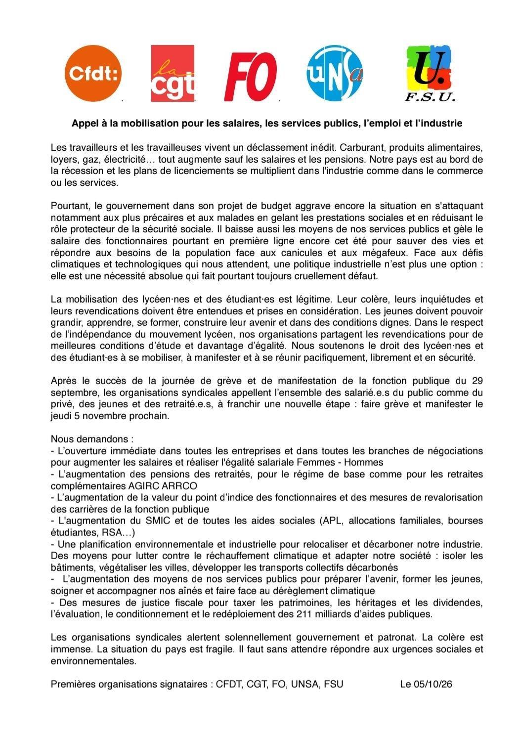 Appel à la grève et à la manifestation intersyndical du 5 novembre 
