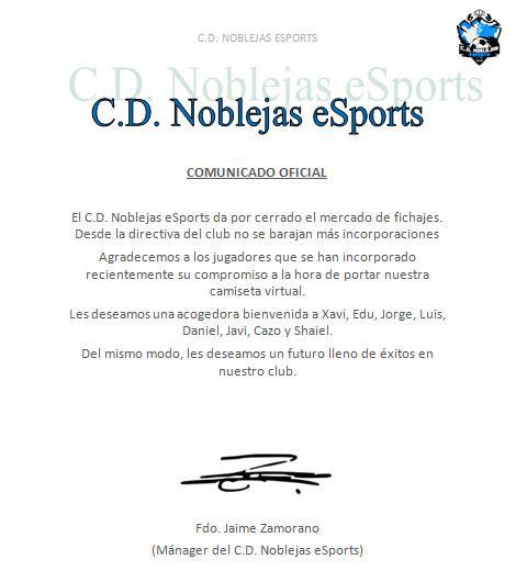 El C.D. Noblejas eSports da por cerrada la plantilla