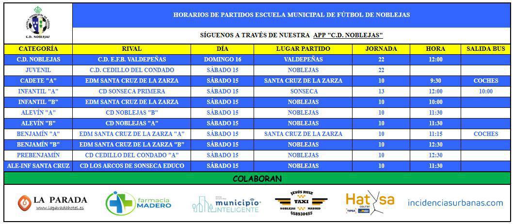 Horarios Partidos Fin de Semana