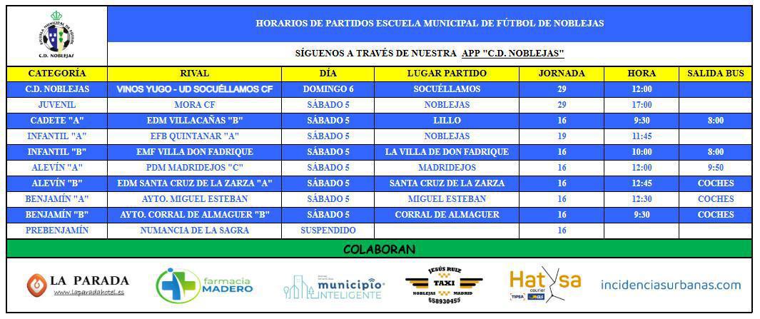 Horarios Partidos Fin de Semana