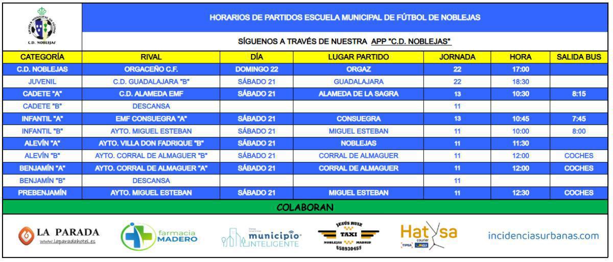 Horarios Partidos Fin de Semana