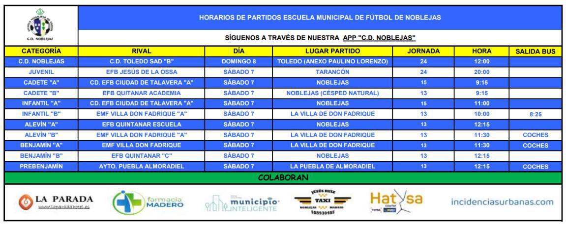 Horarios Partidos Fin de Semana
