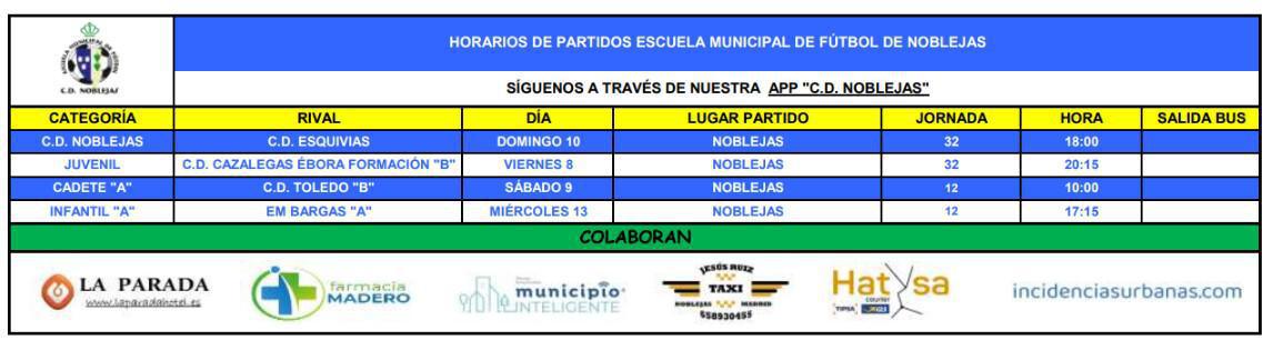 Horarios Partidos Fin de Semana