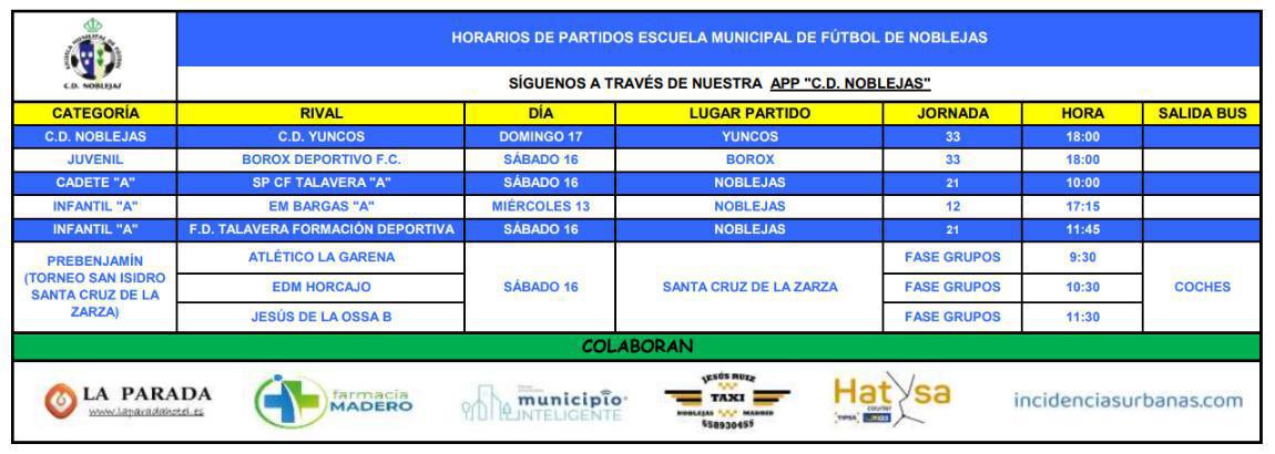 Horarios Partidos Fin de Semana