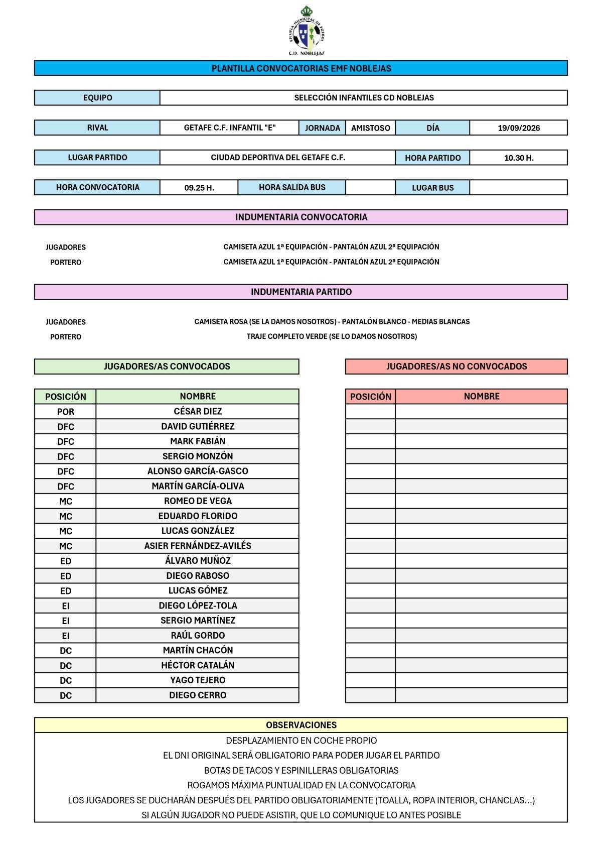 Convocatoria Partido Getafe C.F. Infantil "E"