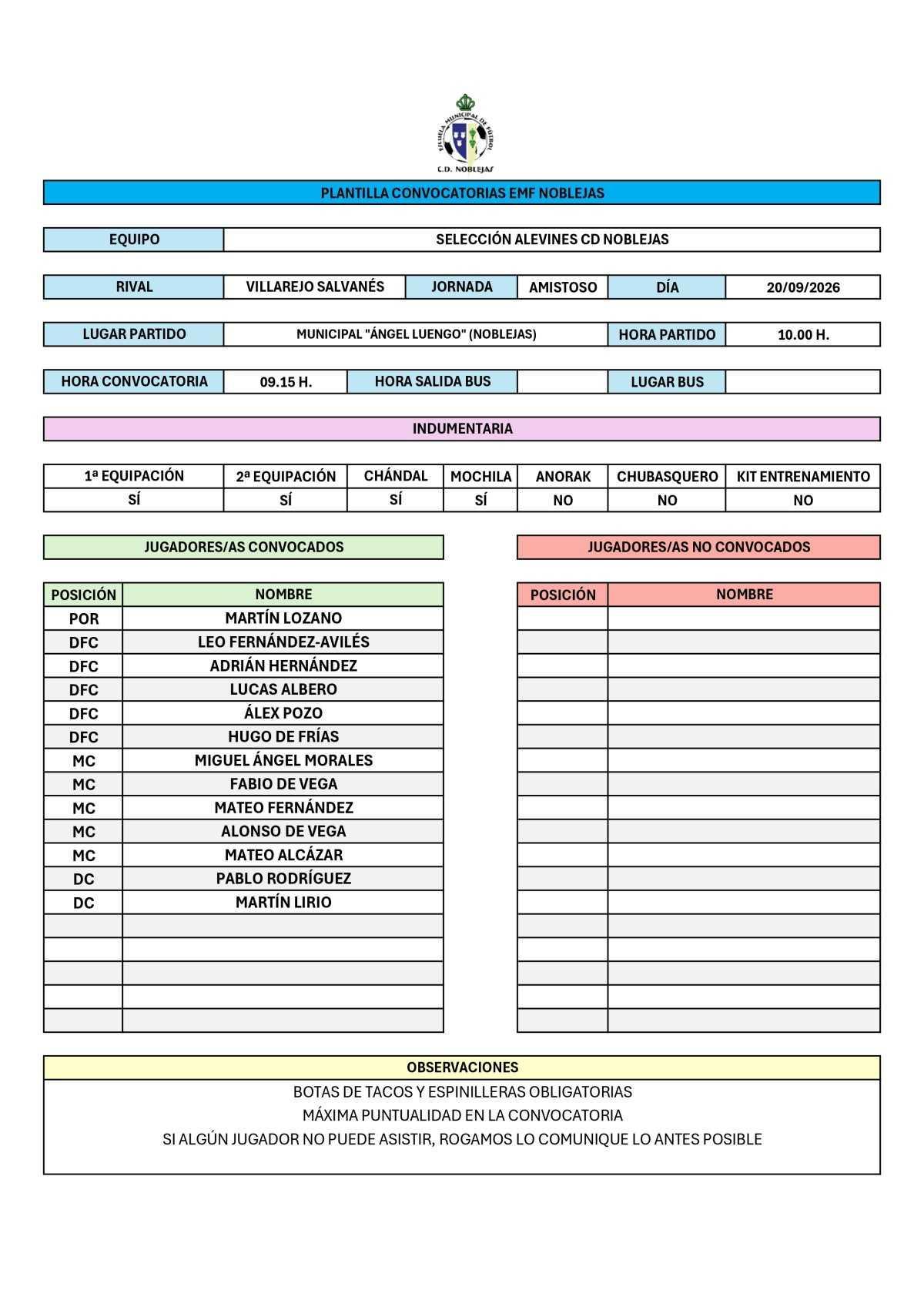 Convocatoria Partido Villarejo Salvanés Alevín