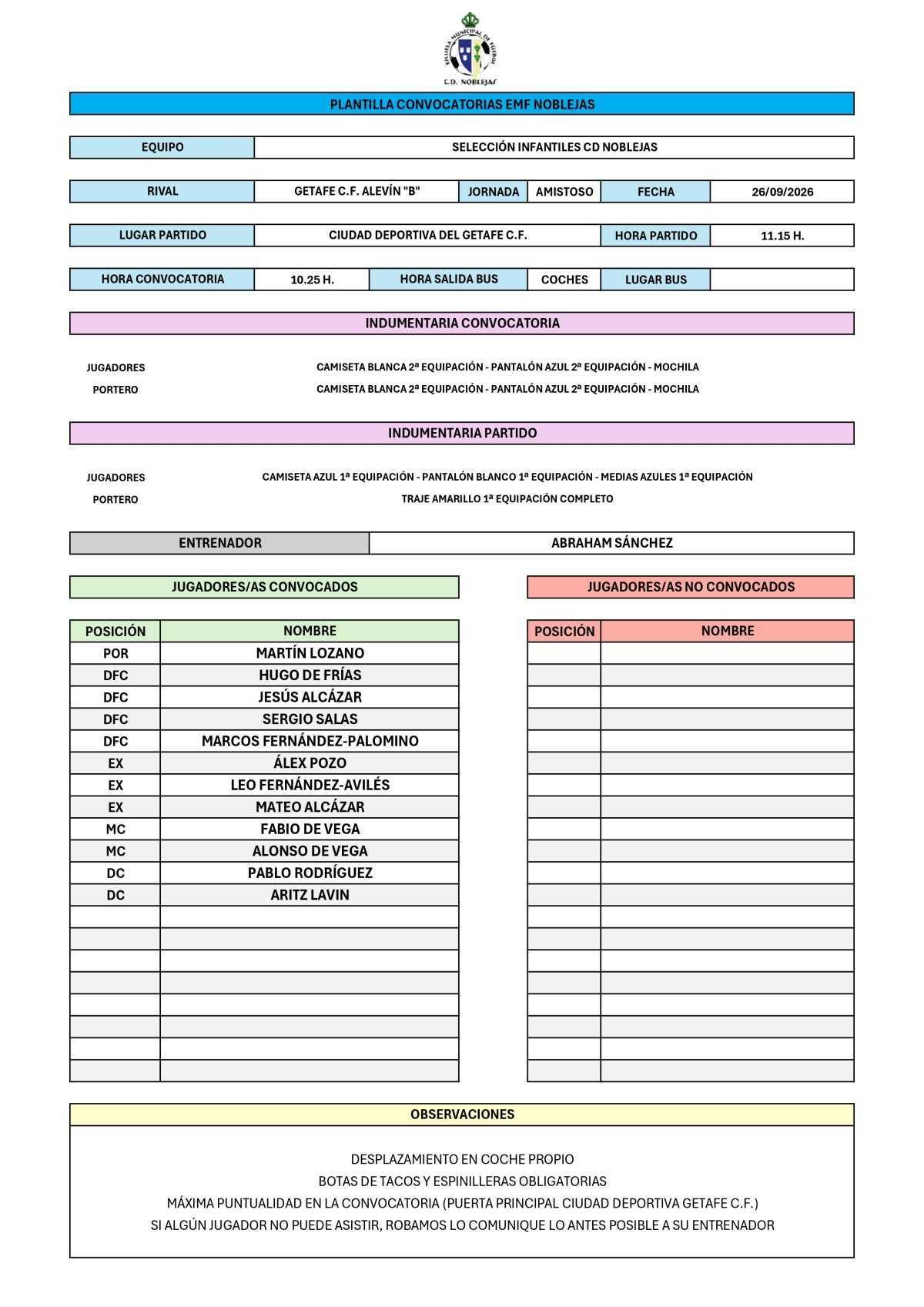 Convocatoria Partido Getafe C.F. Alevín "B"