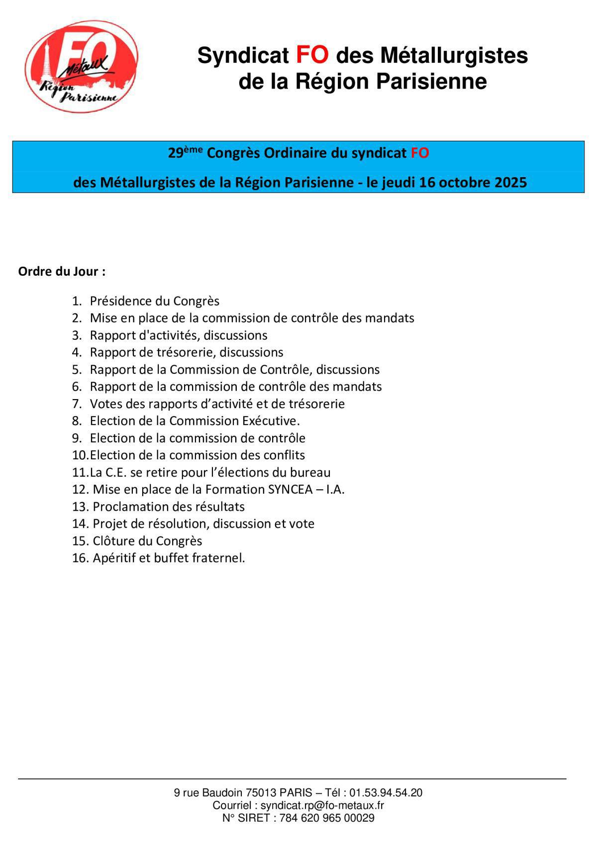 29ème Congrès du syndicat FO des Métallurgistes de la région parisienne