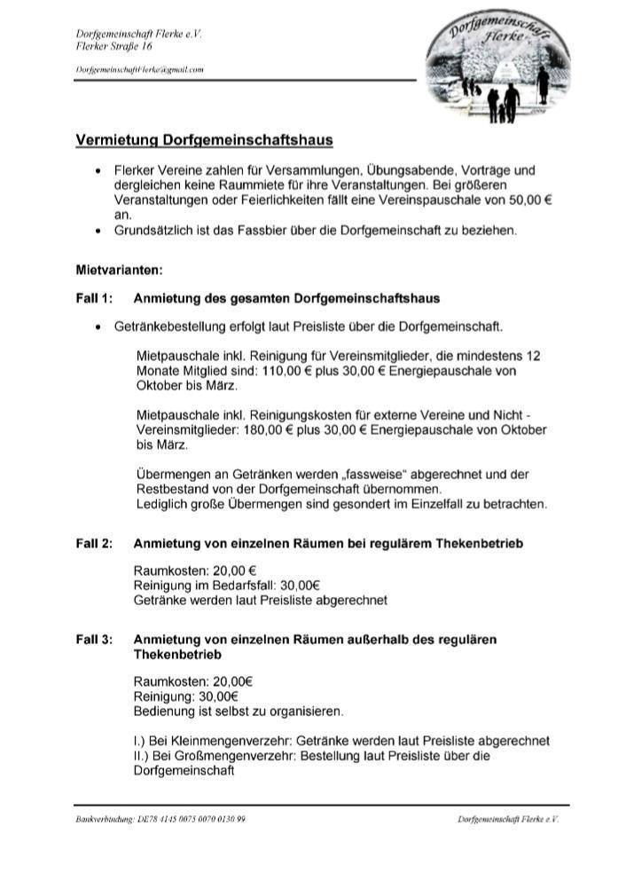 Vermietung Dorfgemeinschaftshaus