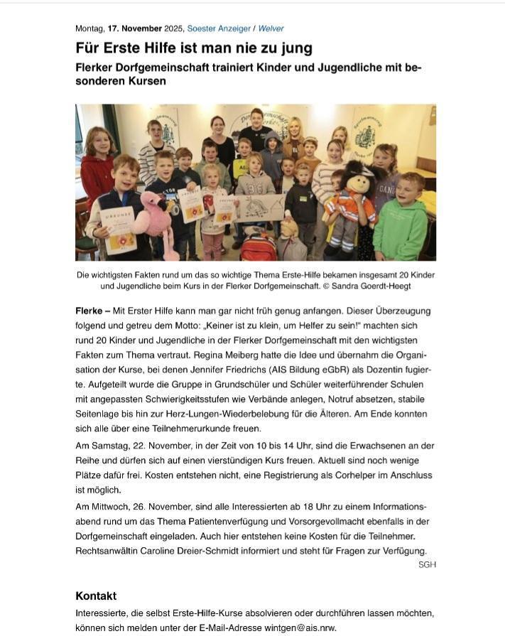 Erste Hilfe Kurs für Kinder!