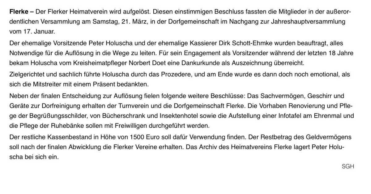 Heimatverein Flerke löst sich auf