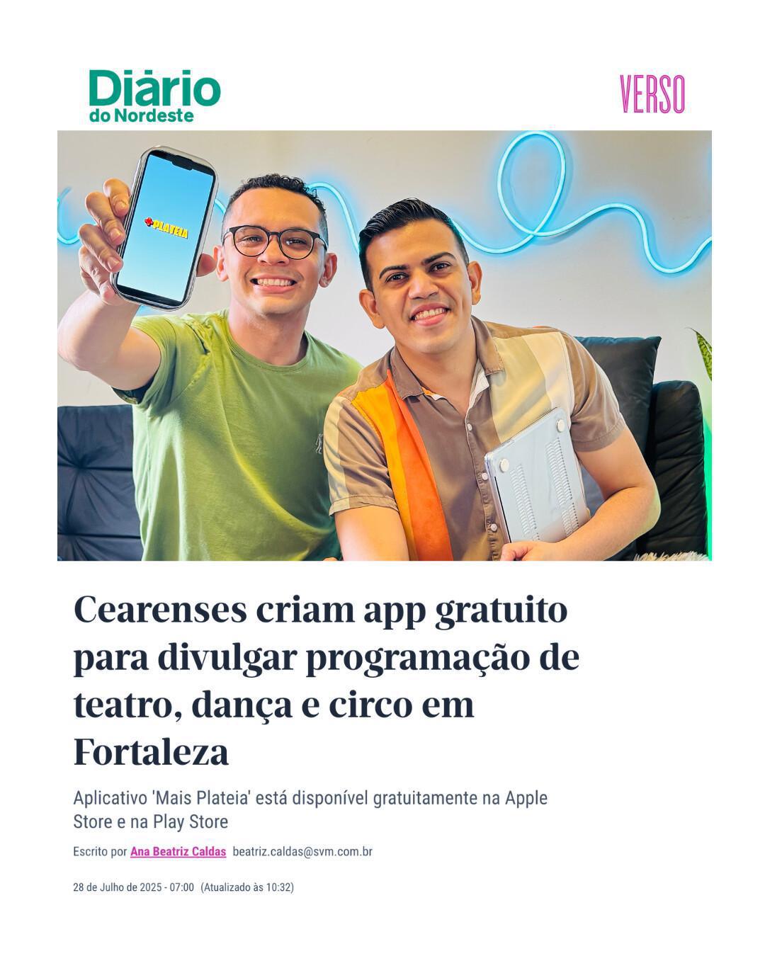 Criadores do app Mais Plateia são destaque no Diário do Nordeste Criadores do app Mais Plateia são destaque no Diário do Nordeste