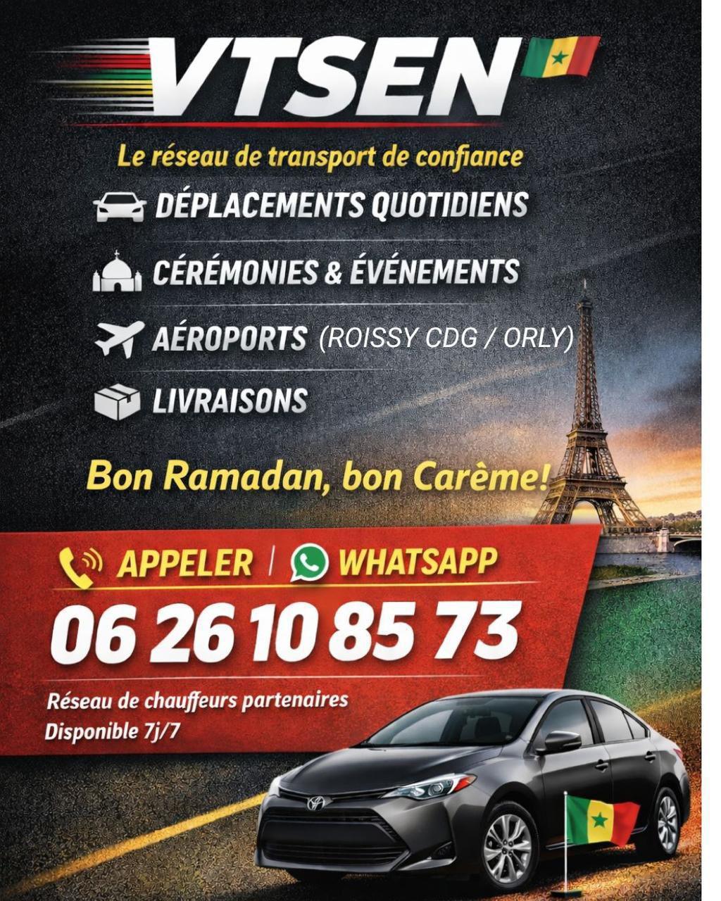 VTTSEN – Votre réseau de transport de confiance ! 🇸🇳 Le réseau fiable de chauffeurs partenaires sénégalais à Paris et Île-de-France.