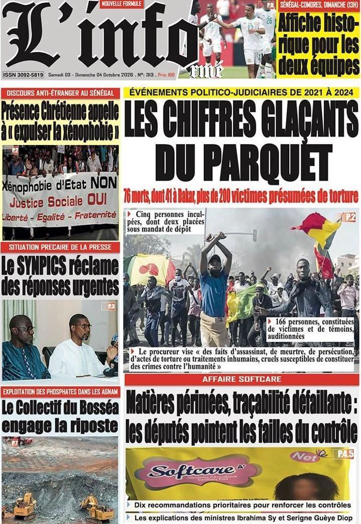 REVUE DE PRESSE DU 3 OCTOBRE 2026 : VIOLENCES 2021-2024, SOFTCARE ET ASSEMBLÉE NATIONALE AU CŒUR DES UNES