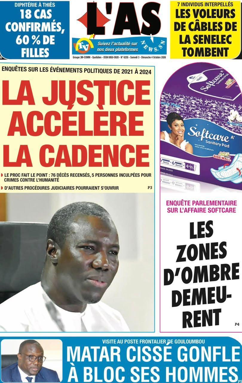 REVUE DE PRESSE DU 3 OCTOBRE 2026 : VIOLENCES 2021-2024, SOFTCARE ET ASSEMBLÉE NATIONALE AU CŒUR DES UNES REVUE DE PRESSE DU 3 OCTOBRE 2026 : VIOLENCES 2021-2024, SOFTCARE ET ASSEMBLÉE NATIONALE AU CŒUR DES UNES