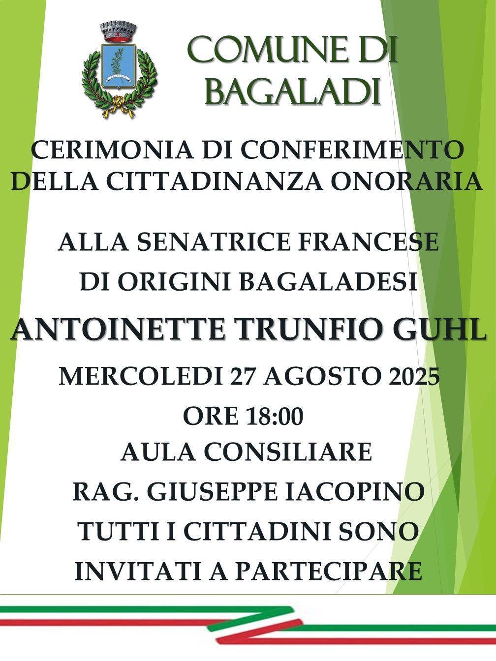 Conferimento Cittadinanza Onoraria a Antoinette Trunfio Guhl (start h. 18.00)