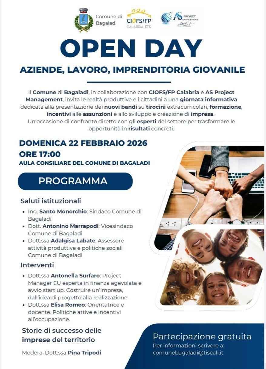 Open Day - aziende, lavoro, imprenditoria giovanile (inizio ore 17.00)