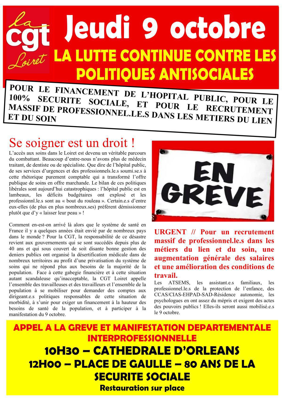 Grève et manifestation – 9 octobre à Orléans !