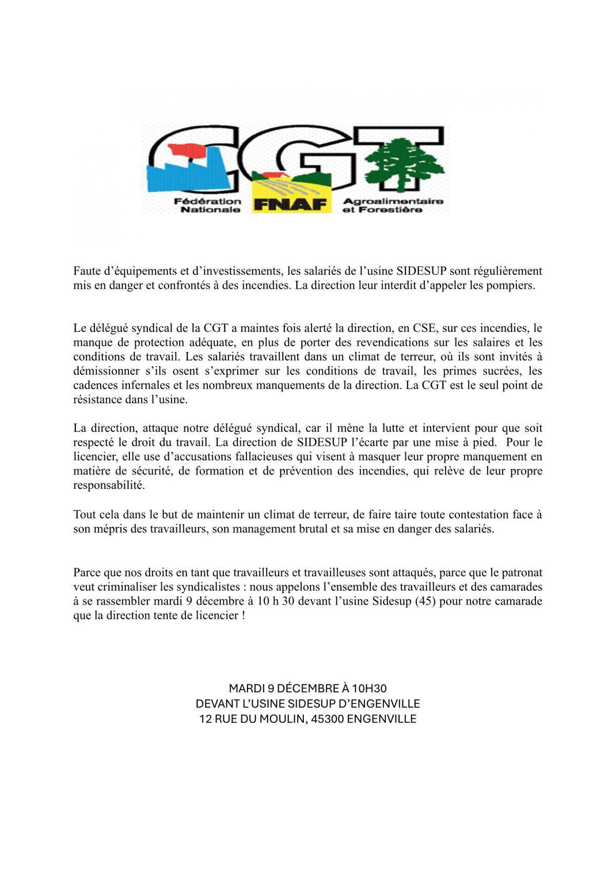 📣 RASSEMBLEMENT – Un délégué CGT menacé de licenciement