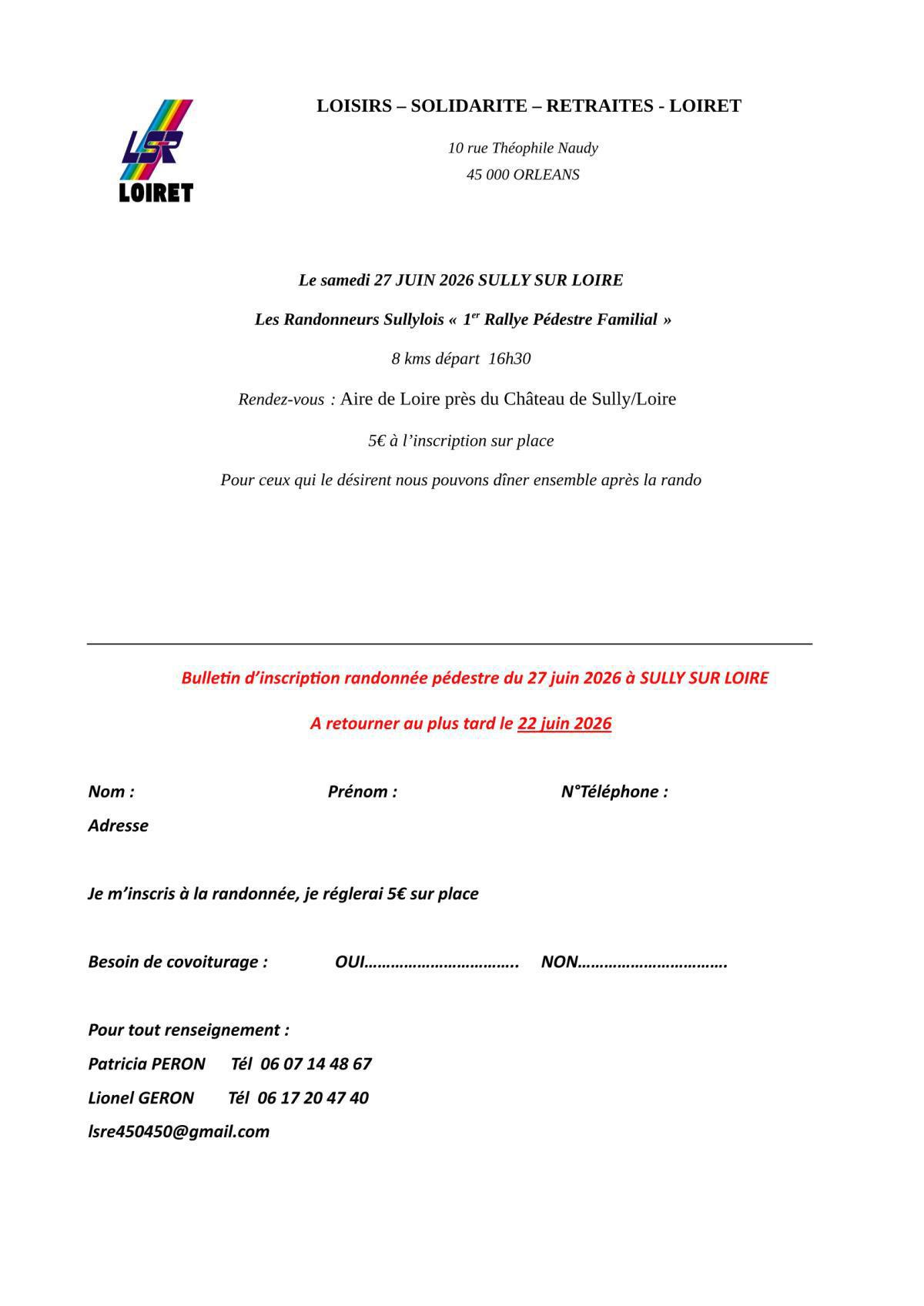 Le samedi 27 JUIN 2026 . Les Randonneurs Sullylois