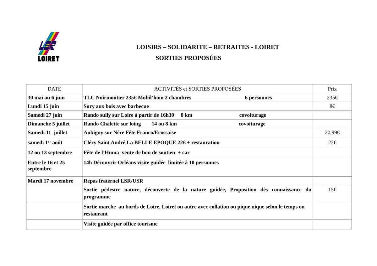LOISIRS – SOLIDARITE – RETRAITES - LOIRET SORTIES PROPOSEES